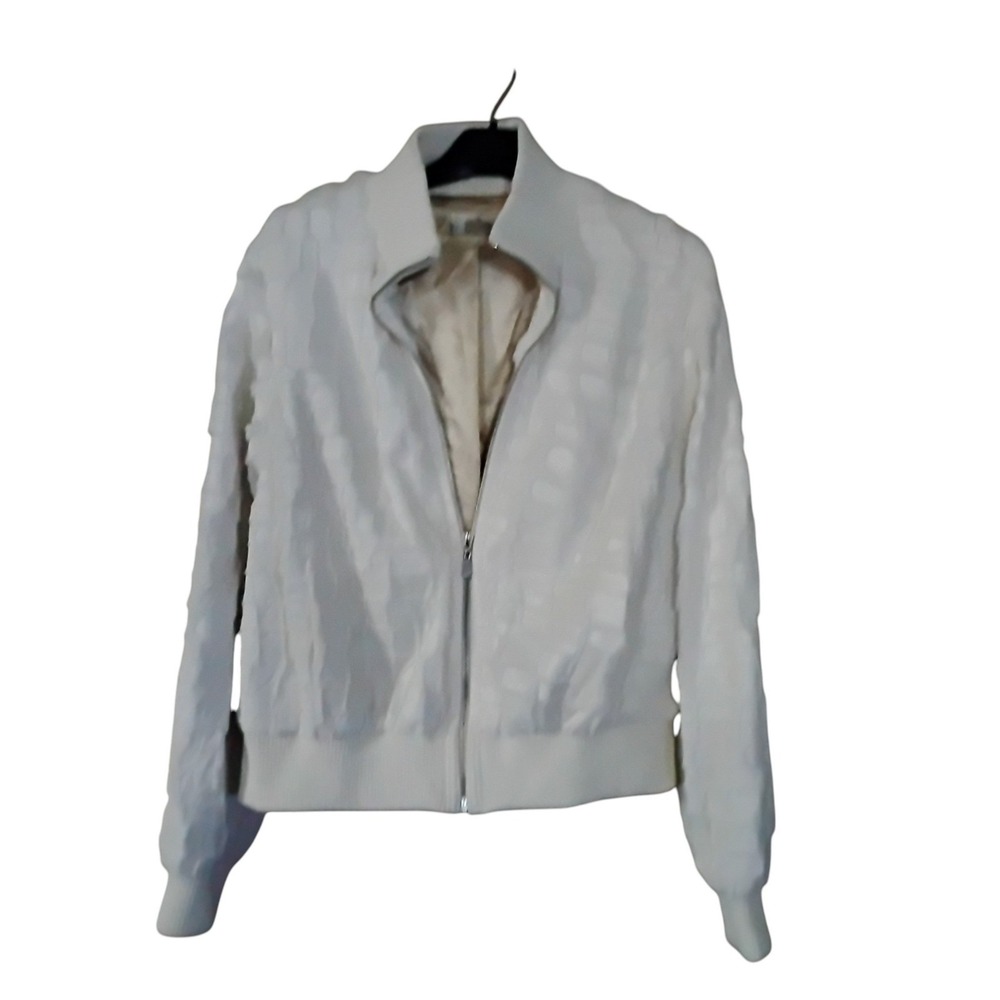 Peter Nygard Womens Cream Textured Full Zip Bomber Jacket Mock Neck Size M
